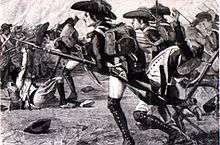 Black and white print shows Republican soldiers at the right charging with the bayonet and the Vendeans at the left.