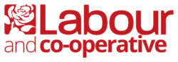 Red on white words "Labour and Co-operative" in sans-serif font to the right of white on red silhouette of a rose