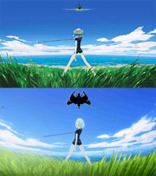 A piece of concept art and a shot from the anime series, both depicting a character from behind, standing in the grass with a sword, looking at a black Rorschach-like pattern in the sky.