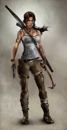 A computer-generated image of a brown-haired woman whose body faces to the right while her head is turned down towards the ground, and left hand is placed on her wounded shoulder. She wears a dirty white shirt, ripped green pants and black boots. She has several abrasions covered by cloth, and is holding a bow in her right hand.