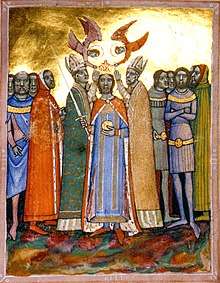 Two bishops and two angels put a crown on the head of a man who is surrounded by people.