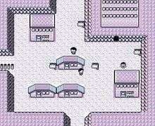 2D game footage of the entirety of Lavender Town, shown from an overhead perspective. The town, which is surrounded by cliff walls, contains five houses including a Pokémon Center and a Pokémon Mart, as well as a tower.