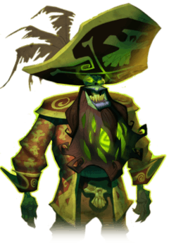 An undead man in a stereotypical pirate captain's outfit and a large tricorn hat, which bears a skull and crossbones. With green skin, illuminate green eyes and a glowing beard, the pirate is grinning manically.