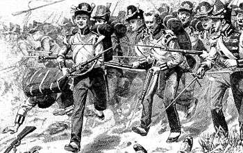Black and white drawing of early 1800s British soldiers charging on foot toward the viewer.