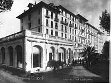 Black and white photo of a hotel