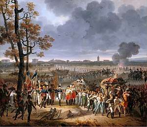 Painting shows long lines of white-coated Austrian soldiers filing out of the city of Mantua.