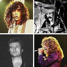 A montage of the four members of Led Zeppelin: Jimmy Page, John Bonham, Robert Plant, and John Paul Jones.
