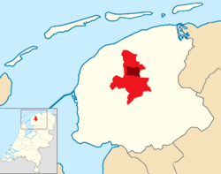 Highlighted position of Leeuwarden in a municipal map of Friesland