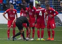 Leicester City wall defending a Chelsea free-kick, 2016