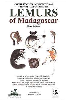 Book cover with color illustrations of an indri, diademed sifaka, greater bamboo lemur (face only), mouse lemur, fork-marked lemur, and an aye-aye