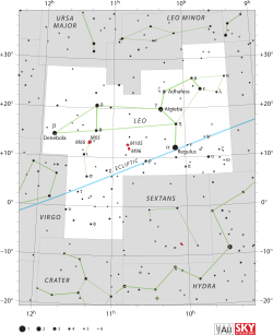 Diagram showing star positions and boundaries of the Leo constellation and its surroundings