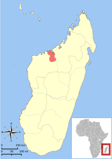 Map of Madagascar, off the southeast coast of Africa, with one mark on the northwest side of the island