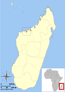 Map of Madagascar showing highlighted range covering a small area in the northwestern part of the island