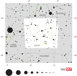 Diagram showing star positions and boundaries of the Lepus constellation and its surroundings