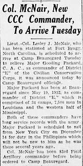 Article announcing McNair as Louisiana area CCC Commander