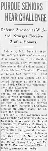 Newspaper story on McNair's 1941 Purdue University speech