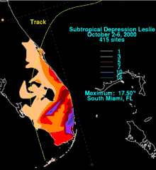 In southern Florida, Subtropical Depression Leslie rained the most in the southeast and in an area equidistant from the coasts.