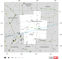 Diagram showing star positions and boundaries of the Libra constellation and its surroundings