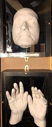 Two cases at Wandsworth Prison Museum. One contains a life mask of Pierrepoint, the second contains a cast of his hands