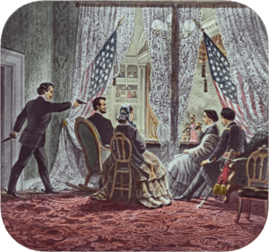 Image of Lincoln being shot by Booth while sitting in a theater booth
