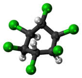 Ball-and-stick model of the lindane molecule (boat conformation)