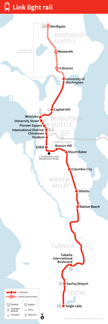 A map depicting the route of Central Link through Seattle, with stations marked and labeled. An additional dashed line extends further north on the future Northgate extension, with its stations also marked.
