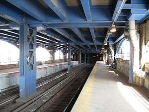 The two tracks and platforms at the Long Island Rail Road's East New York station, as seen in 2008. The station is located under a blue viaduct. The photographer is facing toward a tunnel portal at the end of one of the platforms.