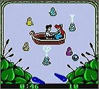 Screenshot of a pinball talbe; the table includes an image of a man and a woman in a boat surrounded by water.