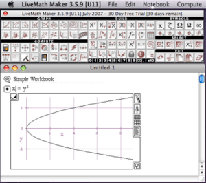 LiveMath screen snap showing the (busy) palette and a simple worksheet with a graph of