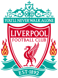 The words "Liverpool Football Club" are in the centre of a pennant, with flames either side. The words "You'll Never Walk Alone" adorn the top of the emblem in a green design, "EST 1892" is at the bottom