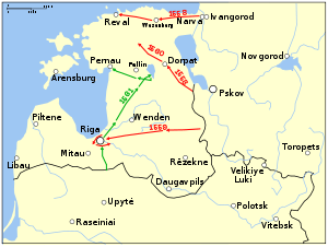 Three Russian campaigns are visible in 1558, 1559 and 1560, all from east to west. One Polish&ndash;Lithuanian campaign in 1561 is shown advancing up the central part of Livonia. Refer to the text for details.