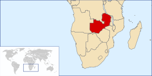 Regional map of Northern Rhodesia, with an inset world map in the lower left corner
