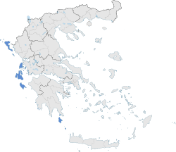 A map of Greece with the Ionian islands highlighted