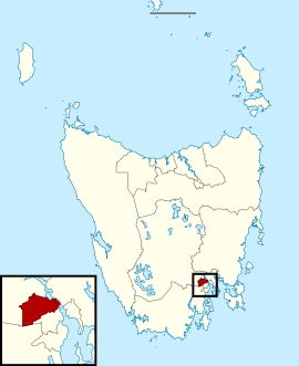 Map of the Tasmanian Legislative Council divisions, Elwick highlighted in crimson.