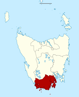 Map of the Tasmanian Legislative Council divisions, Huon highlighted in crimson.