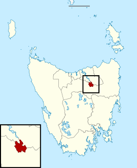 Map of the Tasmanian Legislative Council divisions, Launceston highlighted in crimson.
