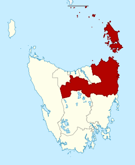 Map of the Tasmanian Legislative Council divisions, McIntyre highlighted in crimson.