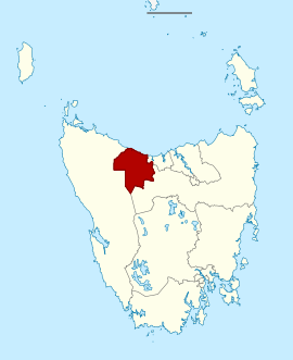 Map of the Tasmanian Legislative Council divisions, Montgomery highlighted in crimson.