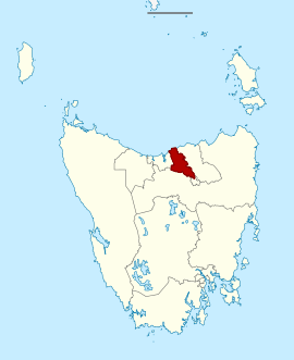 Map of the Tasmanian Legislative Council divisions, Rosevears highlighted in crimson.