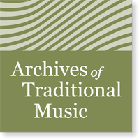 olive green square; the top half is alternating diagonal darker and light olive green wavy lines, the lower half contains the words Archives of Traditional Music written in light olive against a darker olive background