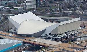 The view of the London Aquatics Centre from above ground level