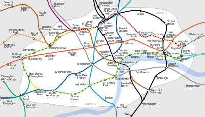 Diagram containing several differently-coloured lines connecting nodes that are small hollow black circles. The lines are and stations are at geographically accurate positions and the curved lines drawn more flexibly than on the traditional Tube map. The river is also included, represented as a geographically accurate light blue strip. This map is arguably harder to read.