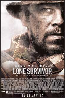 Half of one man's face is shown on the right side of the poster. The man has a beard and is wearing a military uniform. Across the top of the poster is the tagline, "Live to tell the story", in uppercase white. On the top left side of the poster is the name, "Mark Wahlberg", in uppercase white, laying above the film title Lone Survivor. Underneath the film title, in uppercase white, is a second tagline, "Based on true acts of courage".