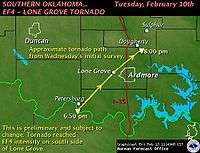 A map showing the SW to NE path of the Southern Oklahoma EF4 Lone Grove tornado of Feb 10th. It starts at Petersburg at 6:50pm, passes through Lone Grove and reaches Dougherty at 8:00 pm.