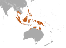 Southern Indochina, Malay peninsula, Indonesia, the Philippines, New Guinea, the Solomon Islands, and the northern coast of Australia