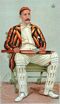 A painting of a cricketer sitting in a chair wearing a striped blazer.