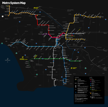 A map of the five train lines (Metro Rail) and two rapid bus lines (Metro Liner) in the Los Angeles County Metropolitan Transportation Authority system. There are a red line and a purple line going from east to west in the upper part of the map and a gold line in the northeast corner. There is a blue line going from north to south in the middle of the map, and a green line going from east to west near the bottom.