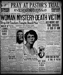 Old newspaper featuring headlinese like "WOMAN MYSTERY-DEATH VICTIM" and "Drop 150 Teachers Tonight, Board Plan".