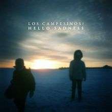 A blurred photograph of two people in thick jackets standing in snow with a sunset in the background. Near the top of the image are the words "LOS CAMPESINOS!" and below that "HELLO SADNESS".