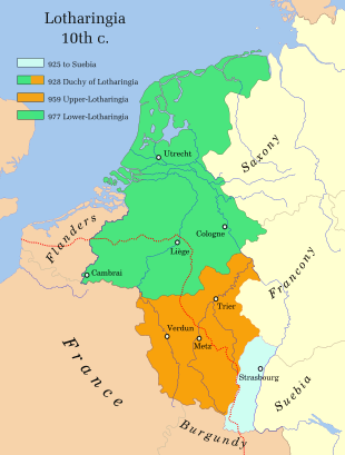 A map of the territories of Upper and Lower Lorraine circa 1000 AD